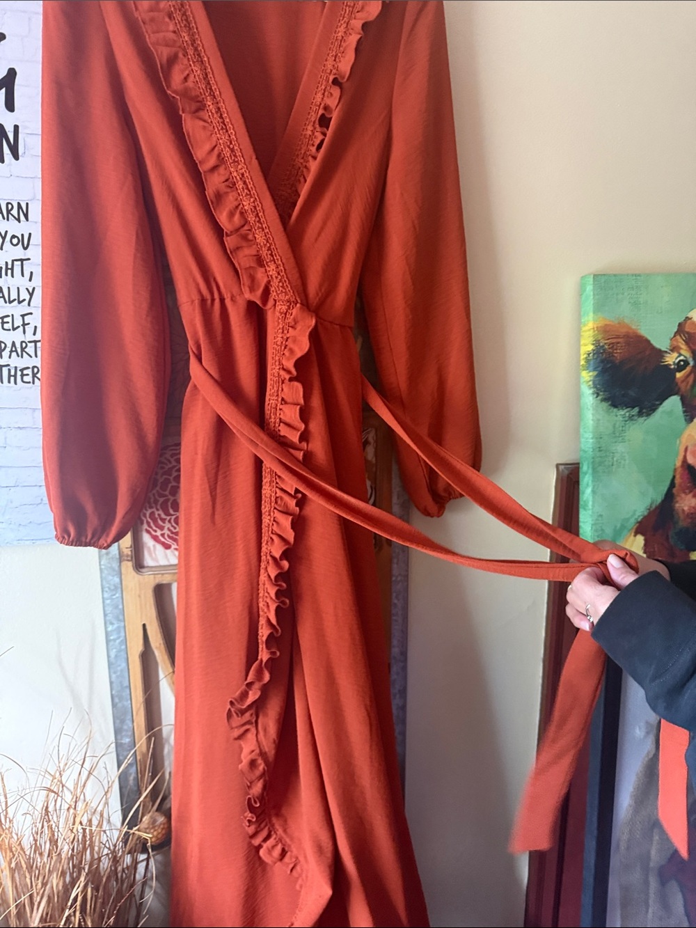 Simplee Rust Orange Ruffle Wrap Maxi Dress - Picture 4 of 7